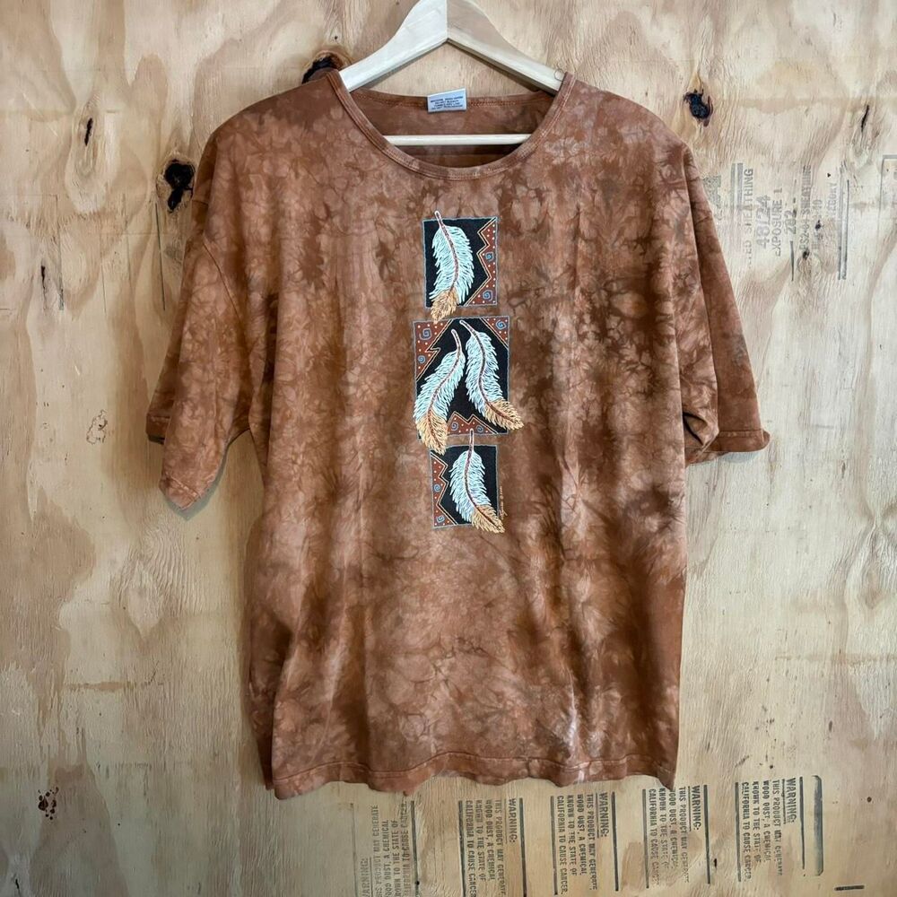 Vintage 2001 Cactus Bay Womens Rust Southwestern Feather Design T-Shirt Sz XL